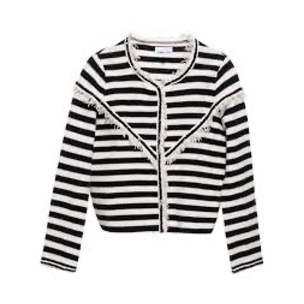 Bimba Y Lola Striped Knit Cardigan Jacket Black White Frayed Fringe Trim Medium - Picture 2 of 6